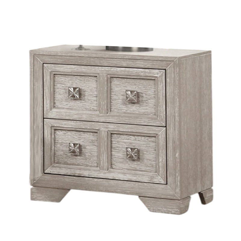 Table de chevet avec 2 tiroirs Diaz, devant design Sunburst, bois gris clair