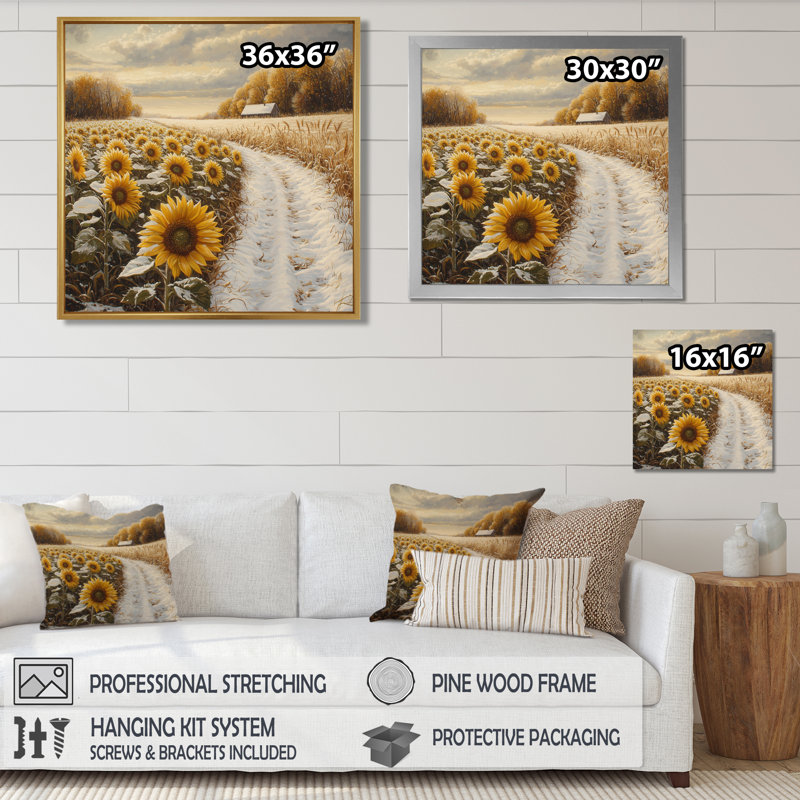 Donnitta tournesols le long du chemin enneigé I - Art mural de tournesols pour le salon, H 16 po x l 16 po, Noir