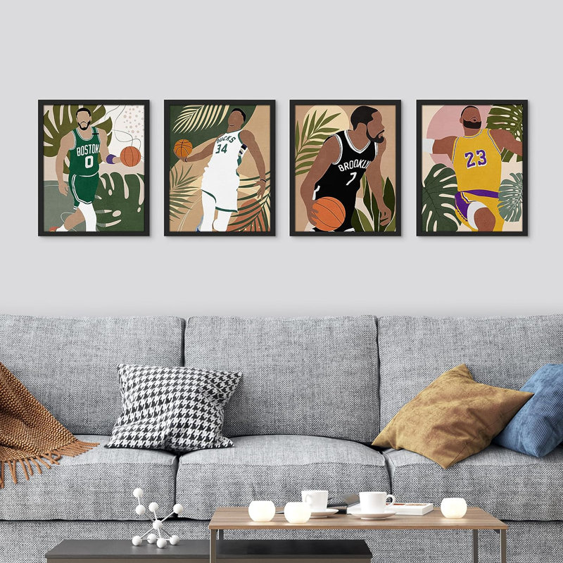 «Basketball Player Jungle Leaves», impression encadrée de 4 pièces, H 10 po x l 8 po x P 1 po, Encadré naturel