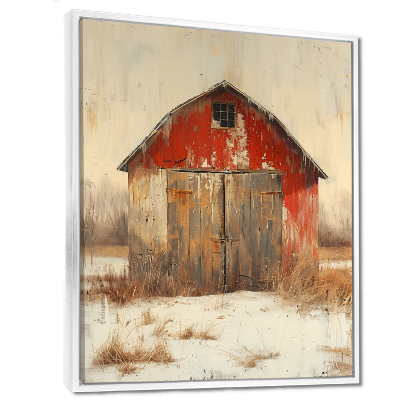 Rouge, gris et gris bois d'automne, Toile encadrée flottée blanche, H 34 po x l 44 po x P 1,5 po