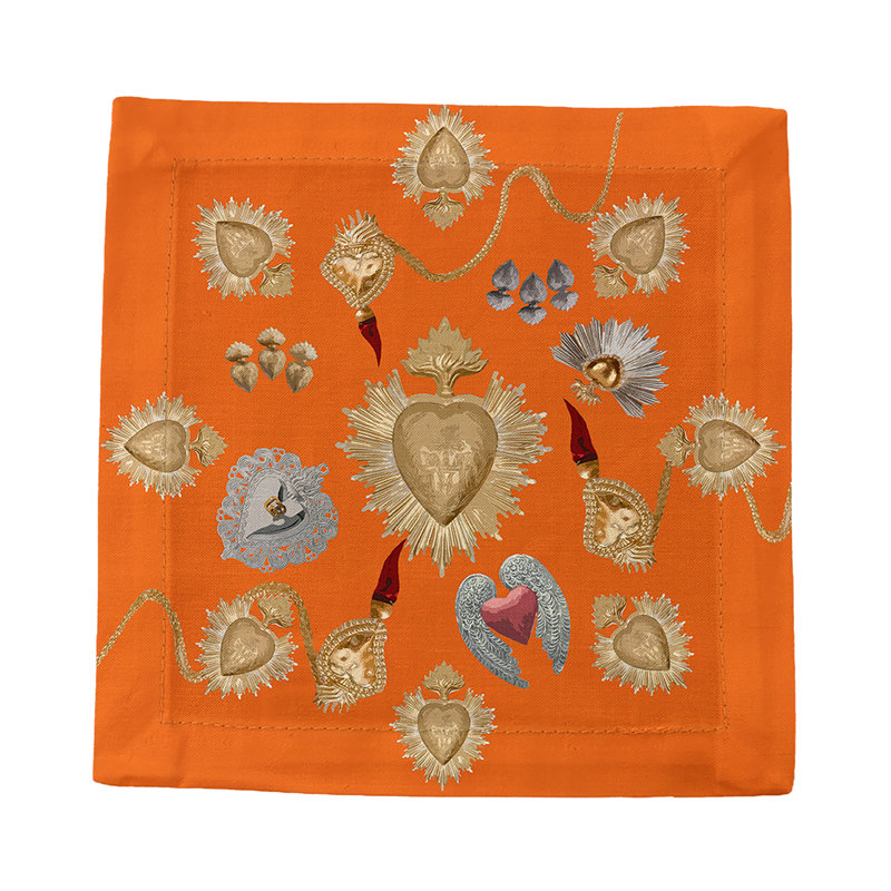 Ex Vote Sacred Hearts Cotton Sateen Cocktail Napkins, Orange