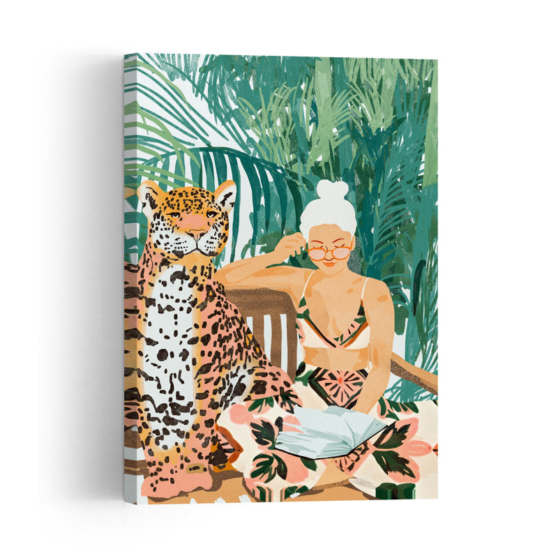 Tropical Reading With Leopard Peaceful Serene Cat Animal Nature Wall Art Print 1 Piece Wrapped Canvas Wall Art