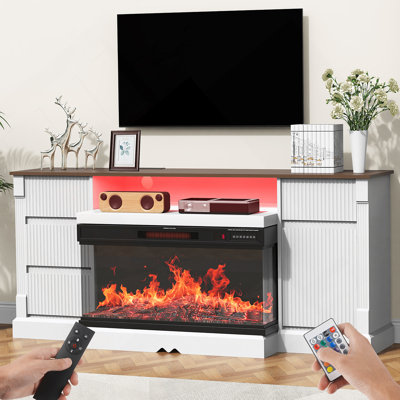Meuble télé moderne en verre à 3 côtés avec foyer électrique pour téléviseur de 80 po ou moins, centre de divertissement avec lumières DEL, armoire de rangement et tiroirs pour le salon