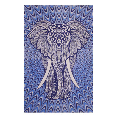 Tapisserie d'éléphant en coton tissée à la main - Décoration murale bleue et blanche pour la maison ou le bureau