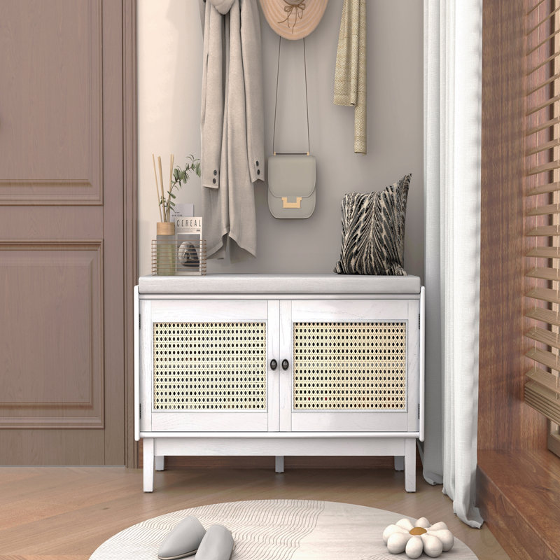 Banc d'entrée bohème en rotin avec rangement, banc à chaussures rembourré avec double porte, banc organisateur de chaussures en bois pour entrée et couloir (blanc + beige)