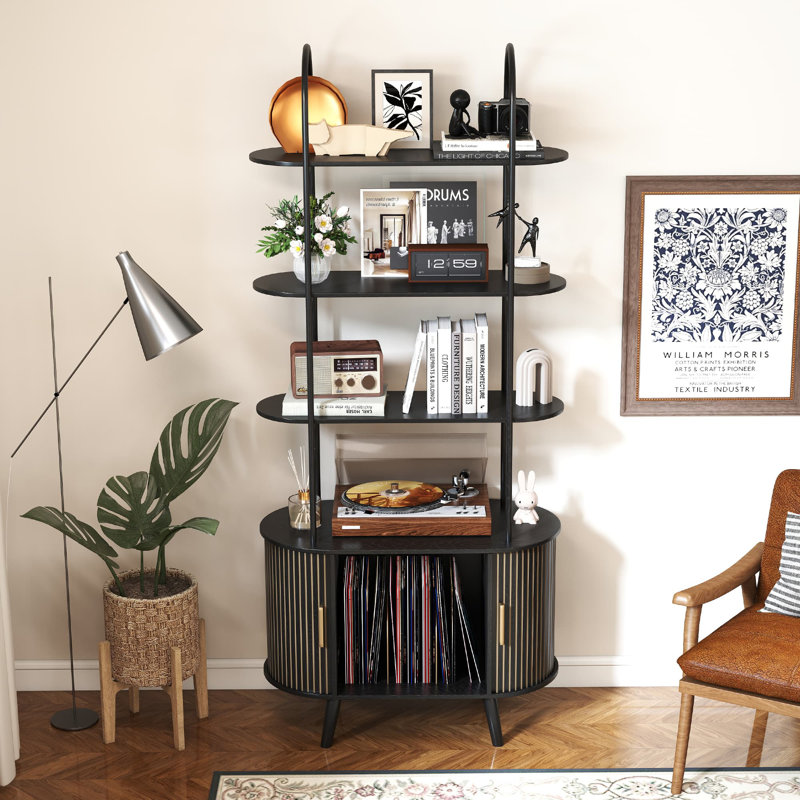 4-tier Bookcase, Freestanding Bookshelf With Storage Cabinet And Sliding Door, Black, (4 Shelves) 68.9"H x 31.5"W x 15.75"D
