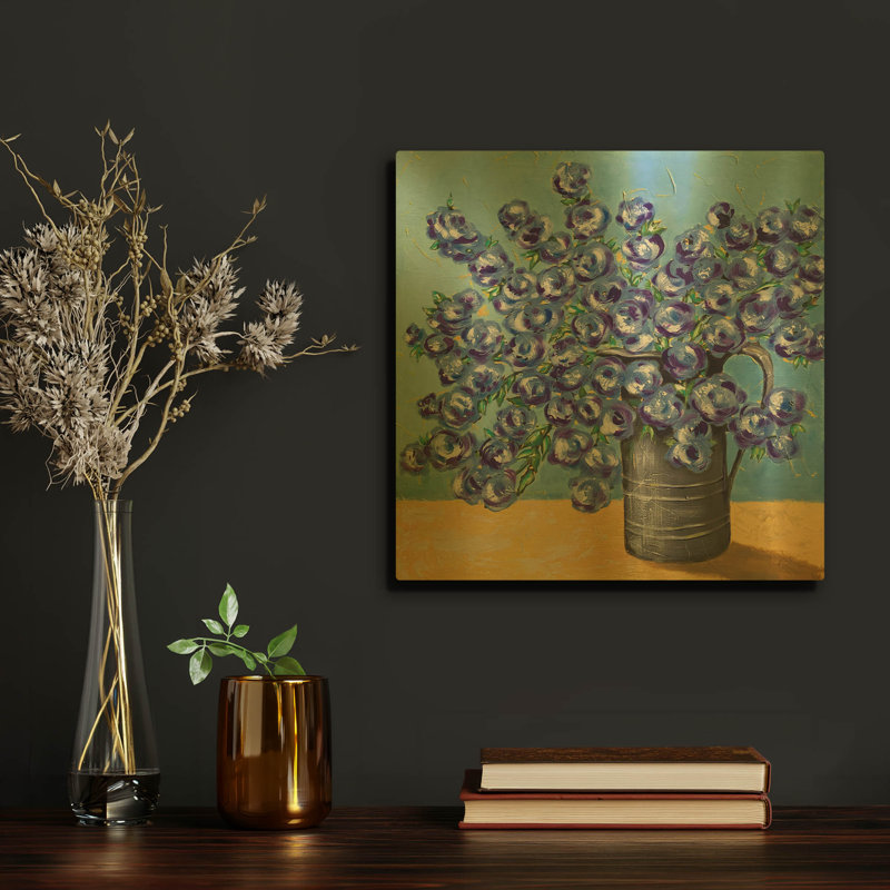  «Blue on Blue Watering Can» par Jade Reynolds, art mural en métal doré, 12 po x 12 po, 12"x12"