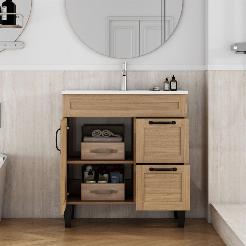 Ensemble de meuble-lavabo 31,5 po avec lavabo combiné, 1 porte et 2 tiroirs, poignée en métal noir, charnière à fermeture en douceur, lavabo en céramique
