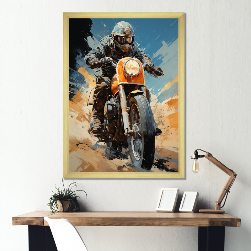 Vélo orange et bleu sur toile, Cadre doré simple, H 20 po x l 12 po x P 1 po