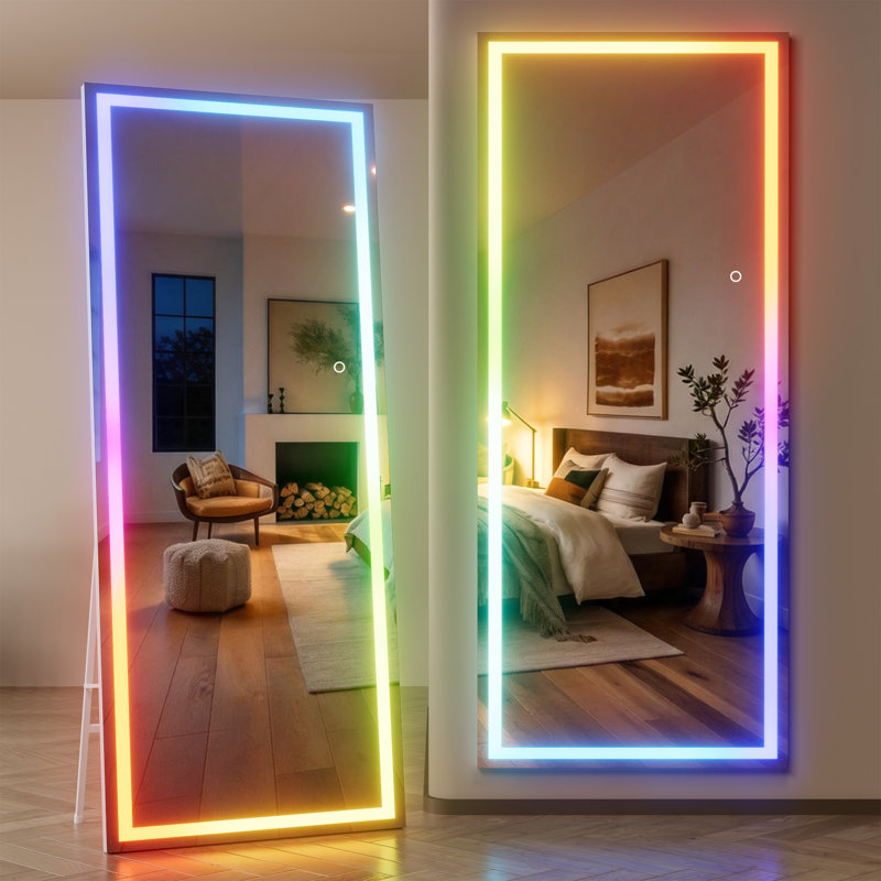 LED RGB Bluetooth Full Length Mirror with Lights, Full Body Mirror with Stand, Wall Mount & Free Standing Floor Mirror for Bedroom Living Room Cloakroom, 7 Color & Brightness Adjustable