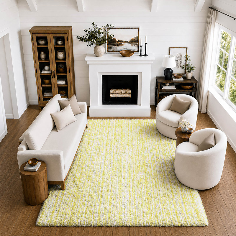 Tapis à rayures Shaggy Dream lavable à la machine de qualité supérieure, Jaune, 9' x 12'