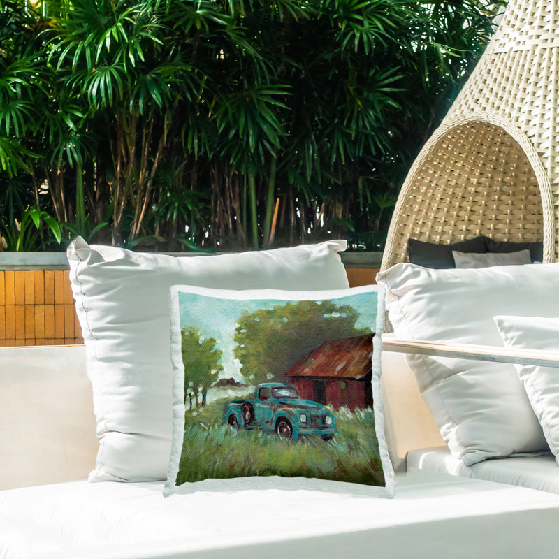 Coussin d'extérieur imprimé expressionniste bleu Expressionist par Wani Pasion, Camion vert
