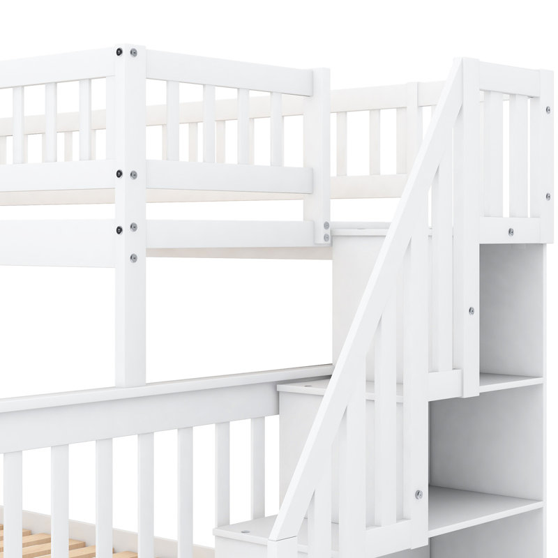 Lit simple superposé au dessus d'un lit double avec lit gigogne et escalier de rangement blanc - Optimisez l'espace, assemblez rapidement et l'escalier, économisez un attrait mystérieux et glamour, sécuritaire pour un processus d'assemblage simple