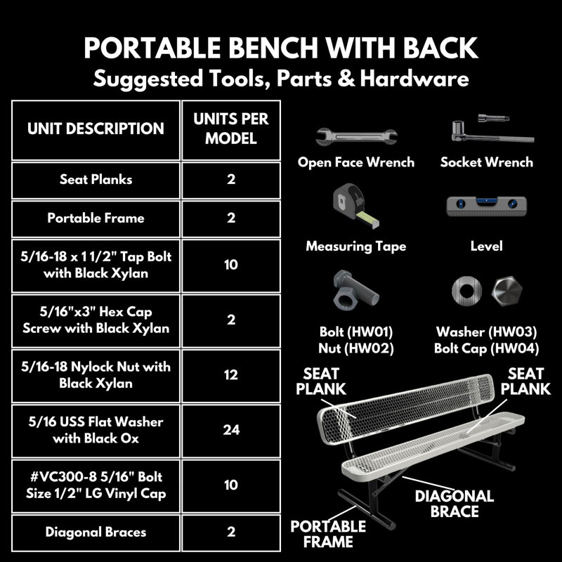 Bench, Textured Black, Expanded, 6Ft, With Back, Portable, 6ft With-Back Portable, Punched, Orange