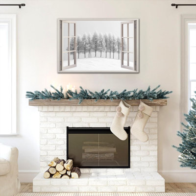 Grande toile d'art encadrée de fenêtre d'hiver, impressions sur toile encadrées, paysage de forêt enneigée, peinture prête à être suspendue, œuvre d'art murale pour le bureau de la chambre à coucher, 20 po x 30 po