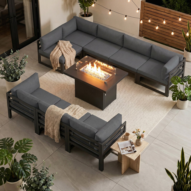 Ensemble de conversation modulaire d'extérieur en aluminium pour 8 personnes avec table de foyer et coussins Anevaeh, Noir