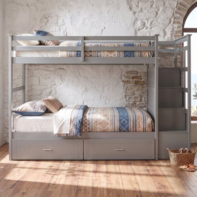 Lit superposé simple au-dessus de simple avec escalier et 2 tiroirs de rangement pour enfants, gris
