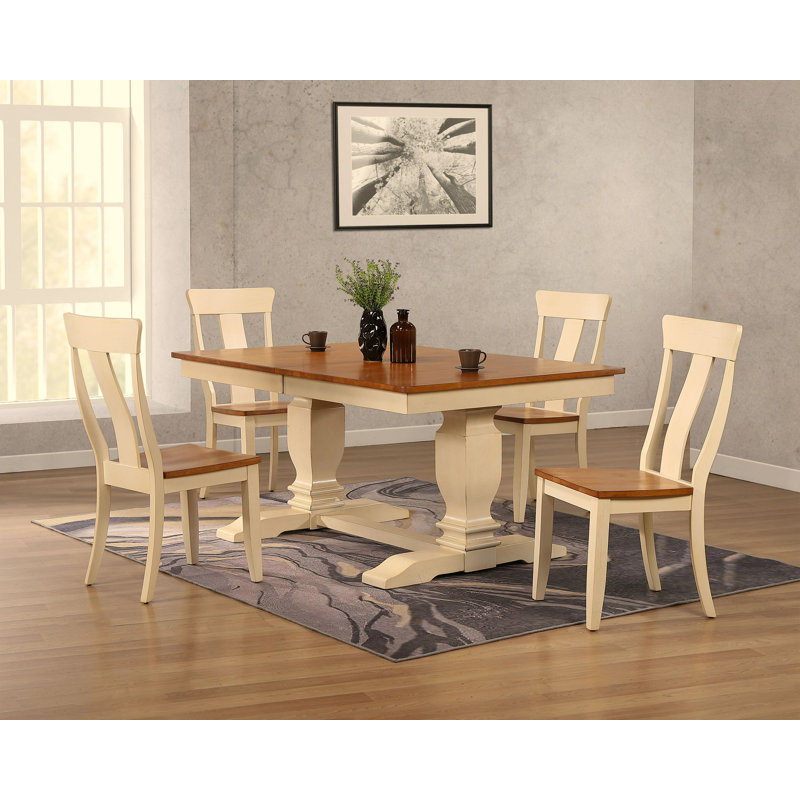 Ensemble de salle à manger 5 pièces rectangulaire en bois massif extensible de couleur crème et brun avec rallonge à levier 18 "(4 à 6 personnes)