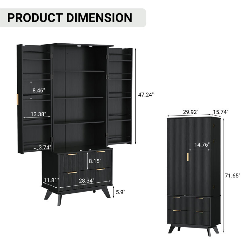 Armoire de rangement cannelée avec larges poignées dorées, Noir