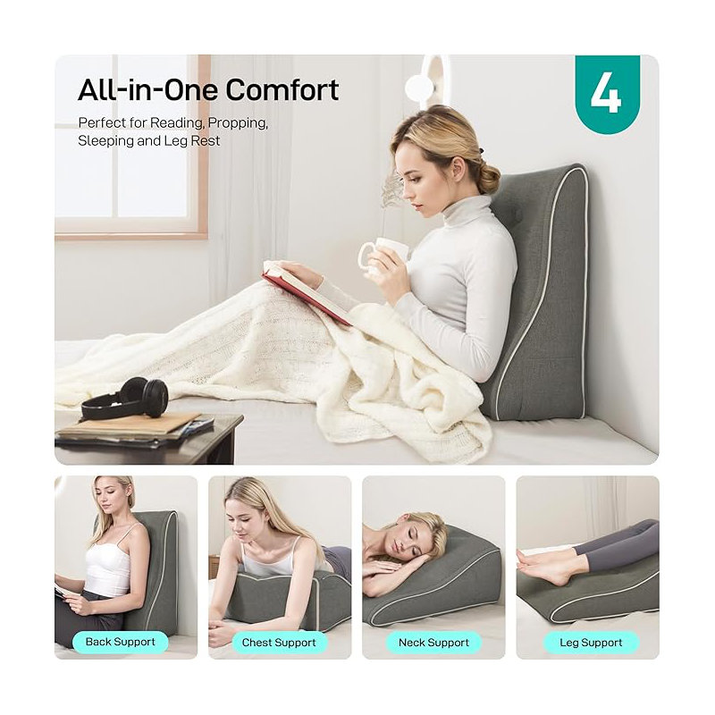 Sit-up Back Comfort Contour Wedge Pillow With Zipper Connector Headboard Velvet Reading Pillows For Sitting Up In Bed Sofa Backrest Lumbar Support Cushion