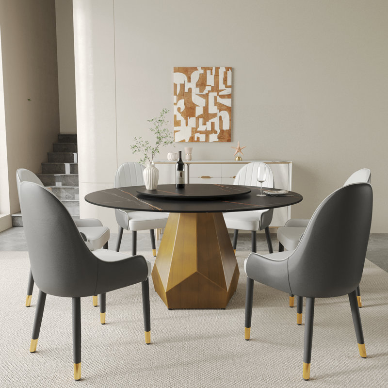 Round Sintered Stone Dining Table With Lazy Susan, Black, 29.53" H x 59.05" L x 59.05" W
