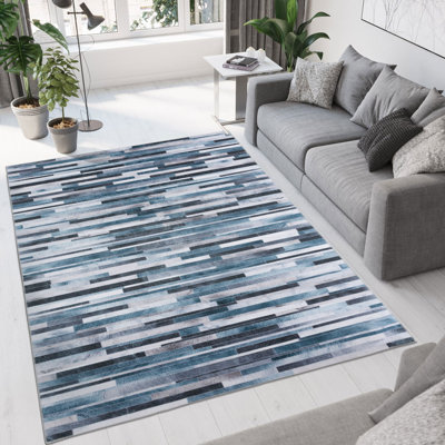 Blue Machine Washable Modern Geometric Soft Non-slip Foldable Area Rug