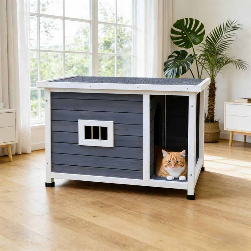 Maison pour chat d'extérieur grise avec toit imperméable, fenêtres ventilées et support en métal robuste - Abri pour animaux spacieux et élégant pour chats