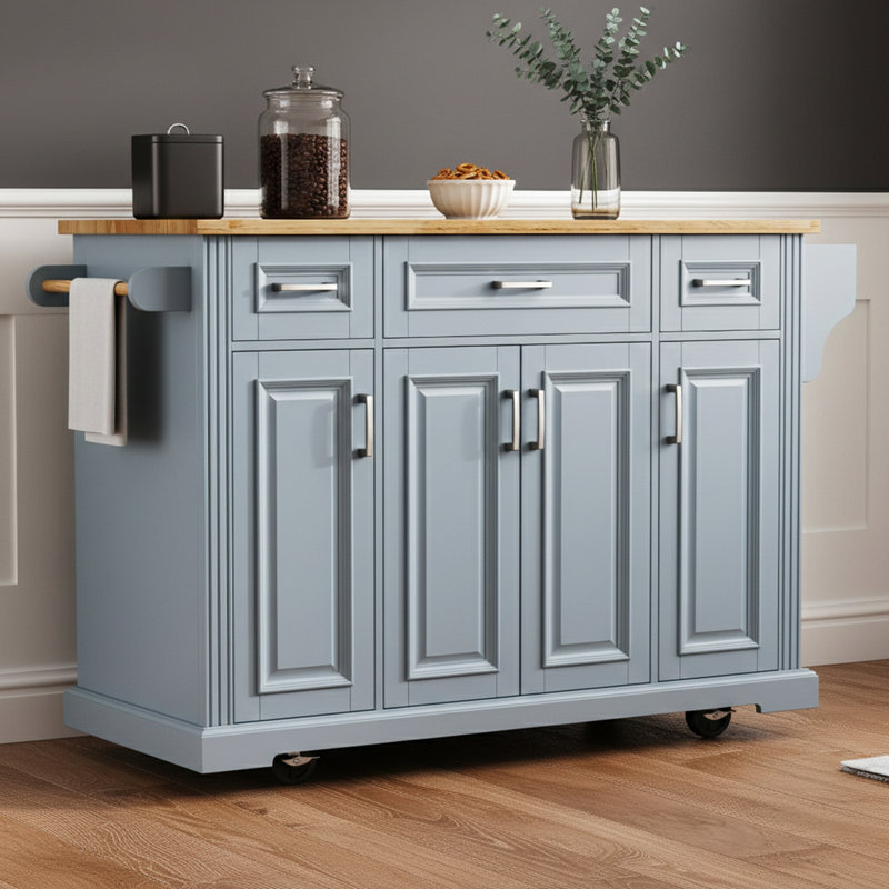 Îlot de cuisine avec abattant et roulettes, Bleu gris
