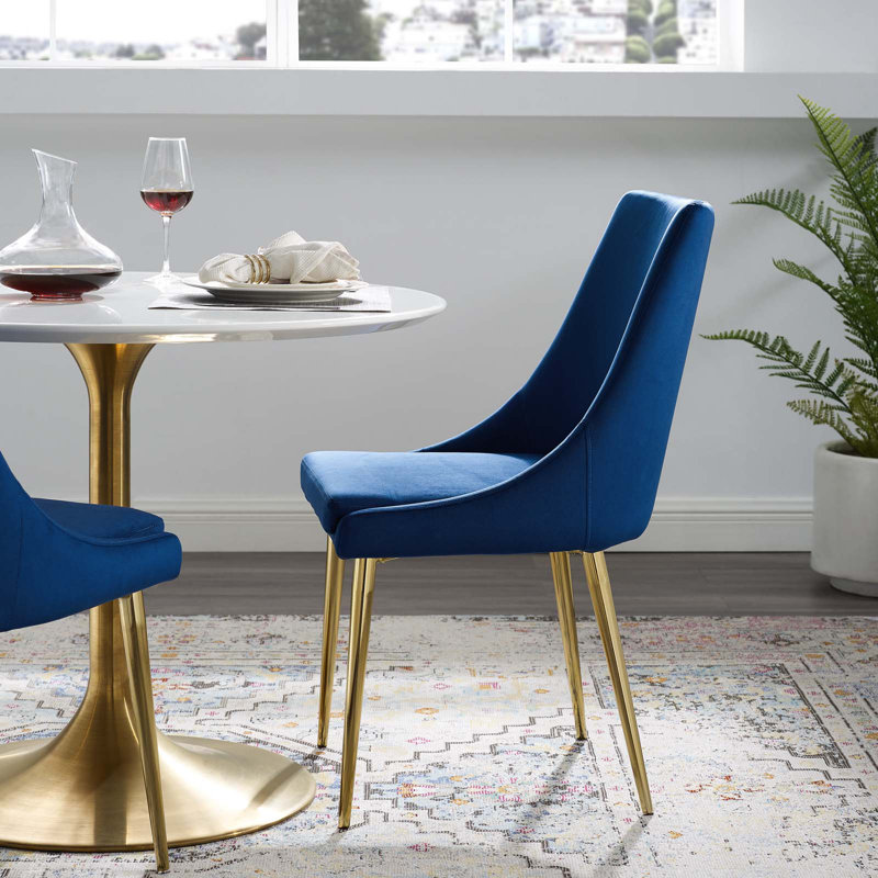 Navy Velvet Upholstered Dining Chair with Gold Metal Legs