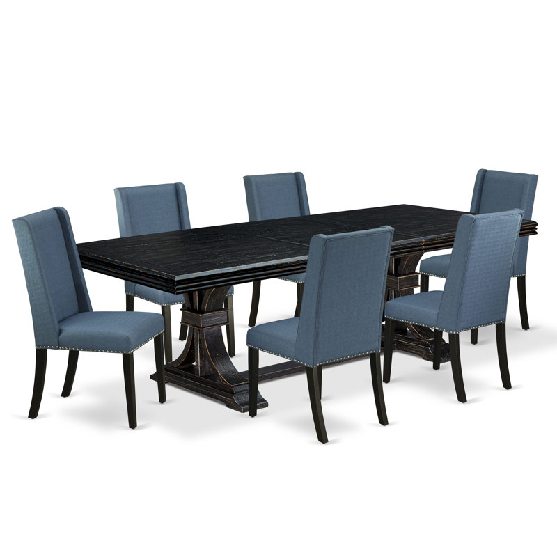 Cet ensemble de salle à manger moderne 7 pièces se compose d'une table et de 6 chaises rembourrées en tissu de lin bleu minéral avec un dossier rembourré au fini noir sablé.