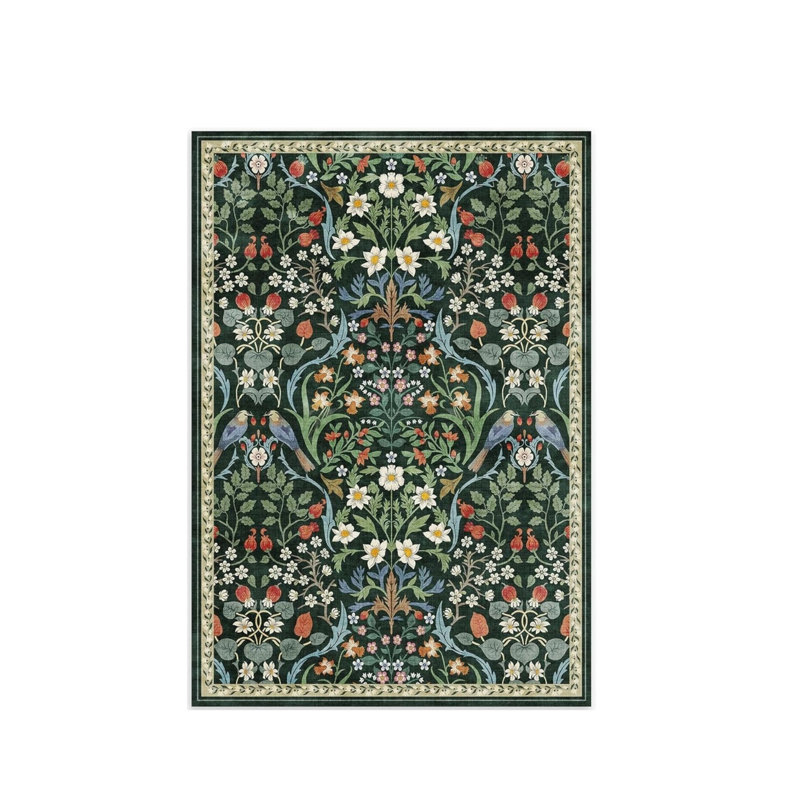 Botanical Bird Floral Rug 5' x 7' for Dining Room, Green Multicolor