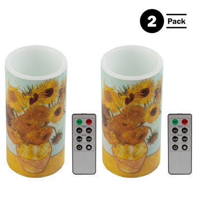 Lavish Home Flameless Candles - 2-Pack Van Gogh Sunflowers Battery Operated Candles with Remote and Flickering Light - Candles for Home Décor