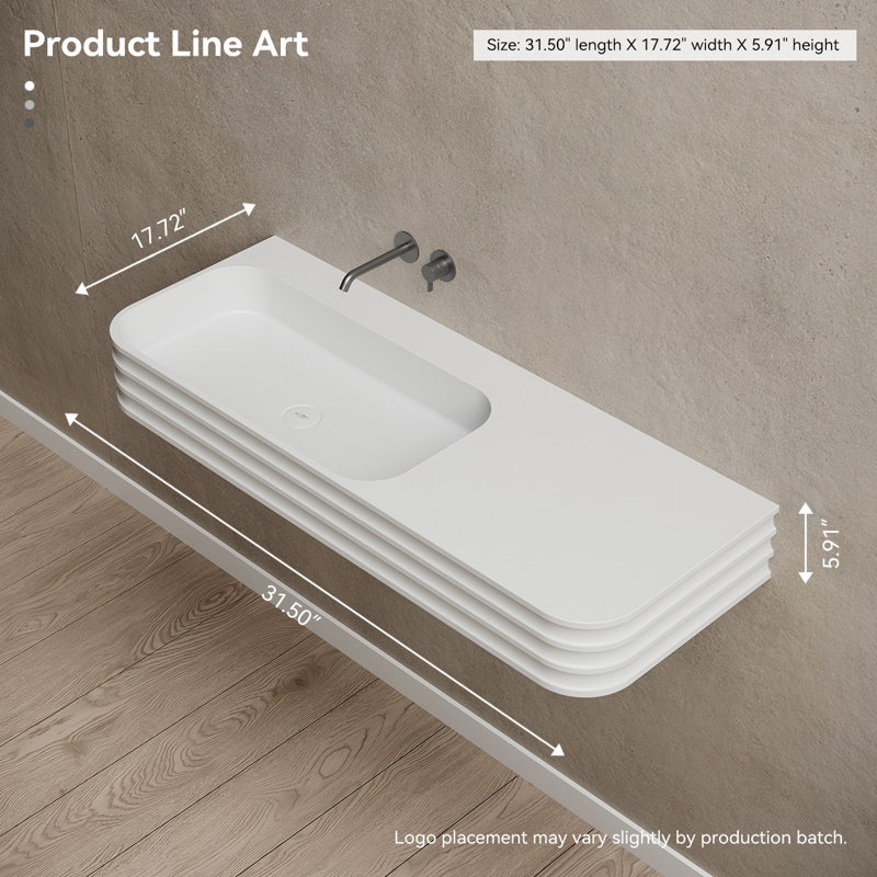Lavabo de salle de bain mural cannelé à surface solide rectangulaire matte 31,5 "X 18" Monblari, Blanc mat