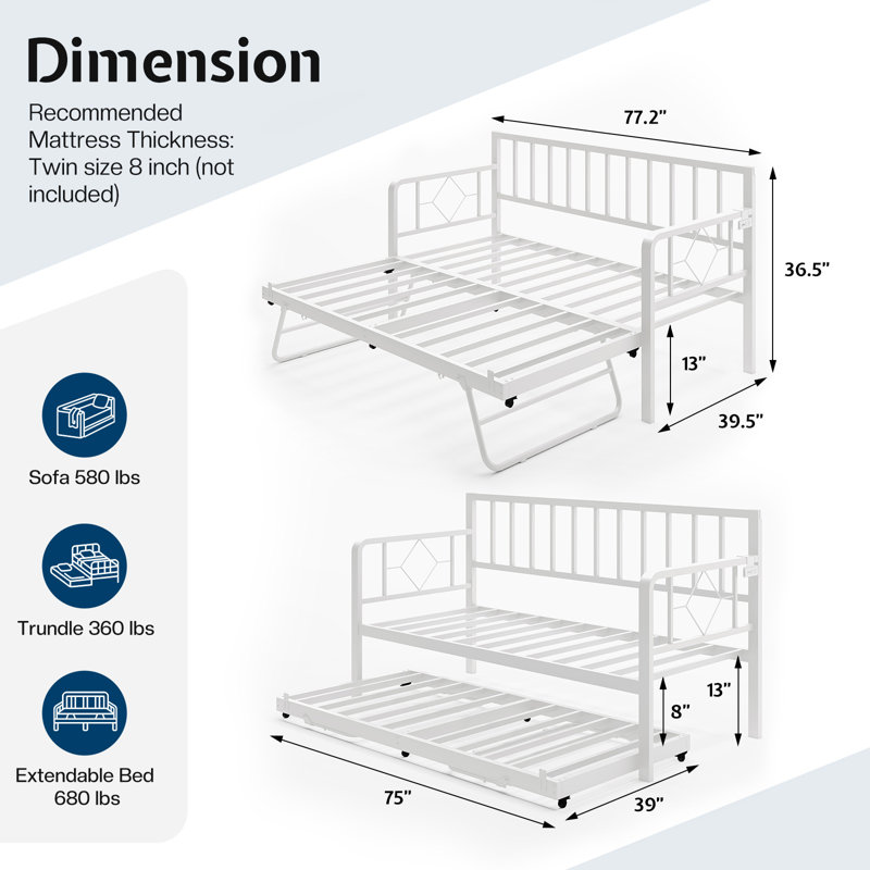 Metal Daybed with Trundle, LED Lights, White
