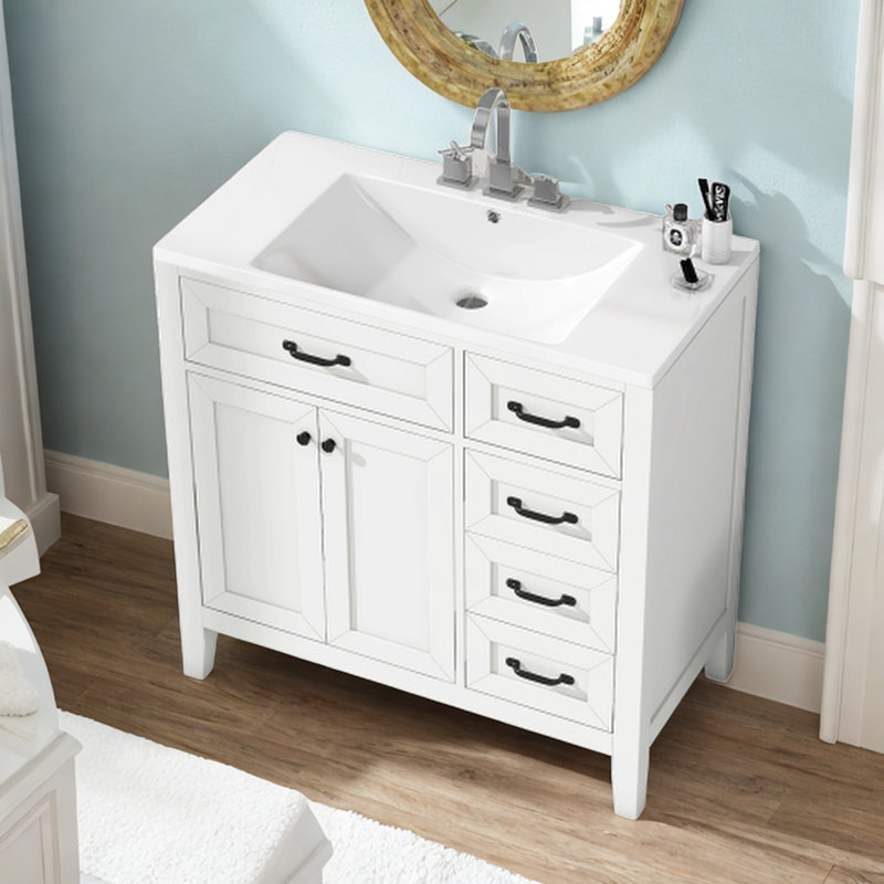 Meuble-lavabo autoportant de 36 po avec plateau en céramique Asherah, Blanc