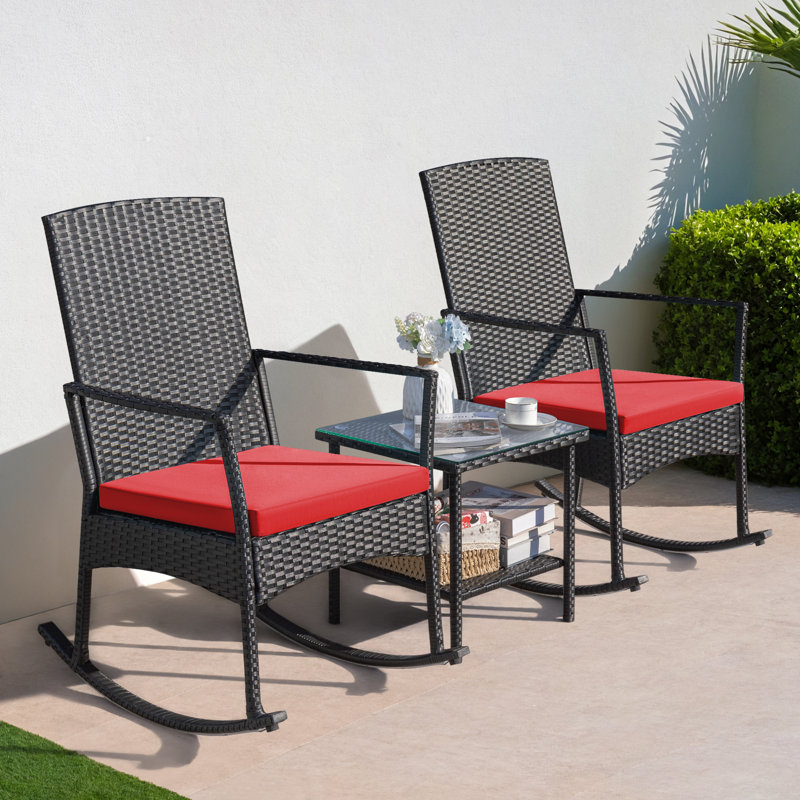 Anila 3 Pieces Patio Furniture Set Rocking Chairs Bistro Sets Outdoor Conversation Sets With Coffee Table, Red 