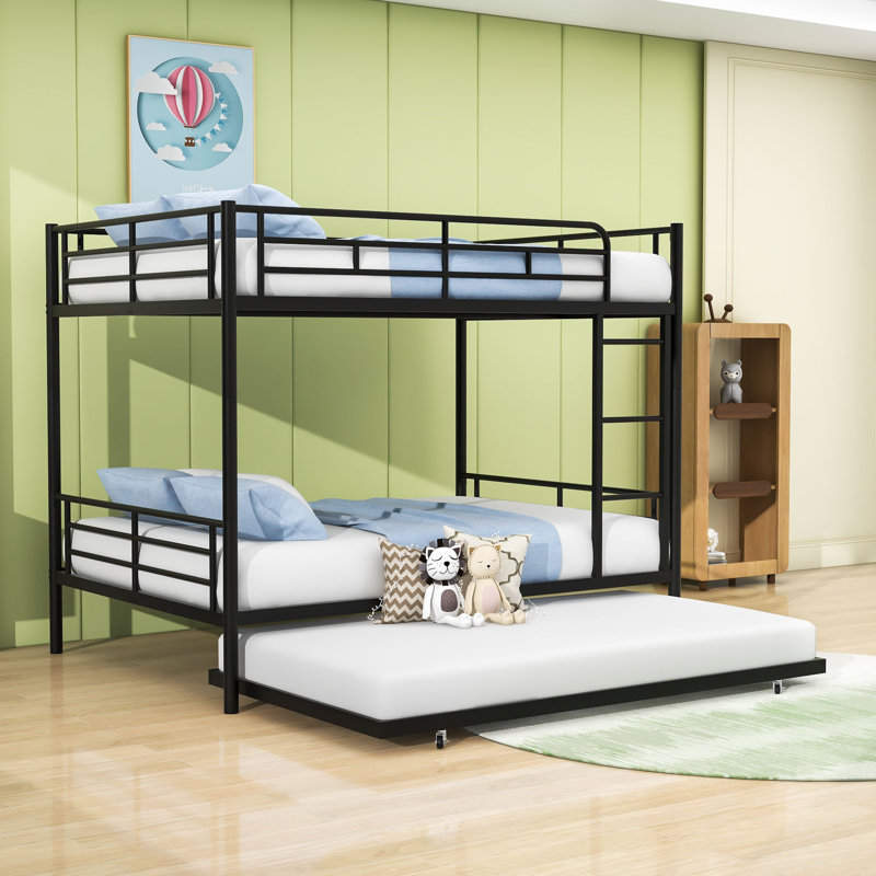 Full Over Full Metal Bunk Bed With Twin Size Trundle, Black