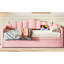 Lit de jour simple rembourré rose avec lit gigogne escamotable de hauteur réglable, fonction de charge et rangement latéral pour télécommandes en velours doux, lit gigogne et type C