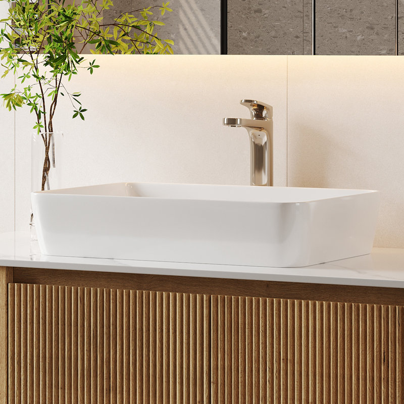 18.9" Modern Rectangular Above-Counter Vessel Sink, White Premium Ceramic Bathroom Sink
