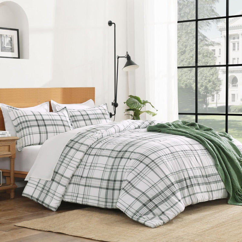 Ensemble d'édredon à motif écossais vert et blanc pour lit simple (66 x 90 po), ensemble de literie 2 pièces BCBG à rayures vichy pour lit à carreaux, ensemble de lit réversible à motif géométrique léger et doux Green Line
