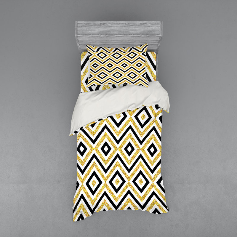 Twin Black White Yellow Geometric Duvet Cover Set