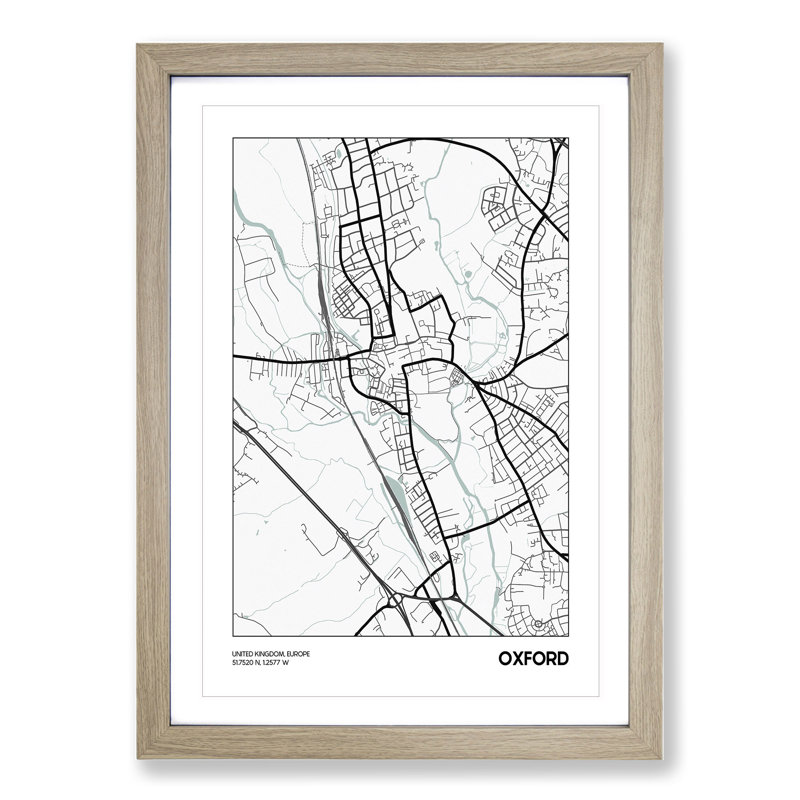 Map Oxford UK - Picture Frame Graphic Art, Oak, 48cm H x 36cm W x 2cm D