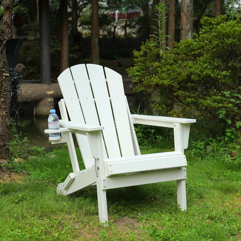 Hdpe Folding Adirondack Chair With Dual Cup Holder - Composite Adirondack Chair With Wood Texture, White