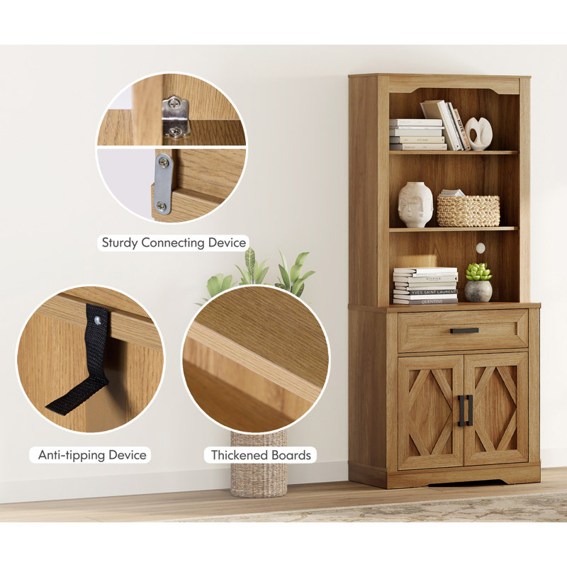Laziza 5 Tier Bookcase With Barn Door,73.3" Tall Open Storage Bookshelf,Floor Standing Farmhouse Display Organizer With Drawer For Home Office,Living Room