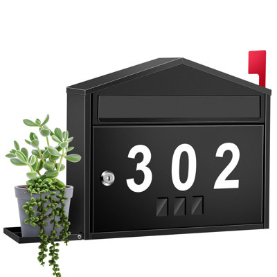Boîte aux lettres murale avec drapeau, boîtes aux lettres de grande capacité pour l'extérieur avec support à fleurs et 3 ensembles d'autocollants de 0 à 9, boîte aux lettres en acier galvanisé verrouillable avec serrure à clé