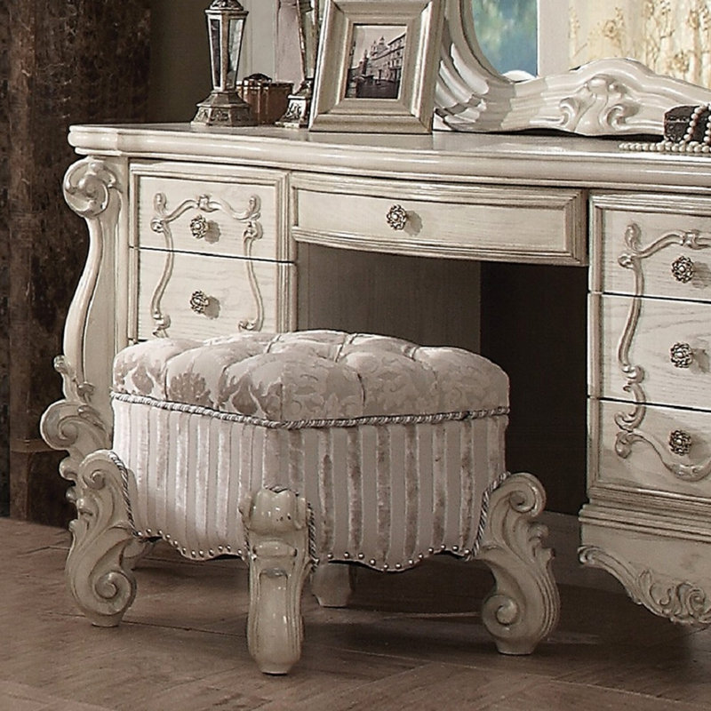 Tabouret de coiffeuse avec garniture cloutée, Blanc, Ivoire ivoire