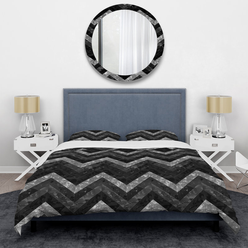 Ensemble de housse de couette transitionnelle à chevrons noir et gris III, Housse de couette simple et deux taies décorative