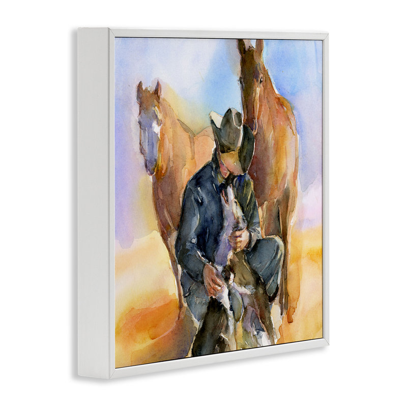 "Cowboy & Animals Watercolor" par John Keeling, reproduction d'art sur toile, Giclée encadrée blanc bord de mer
