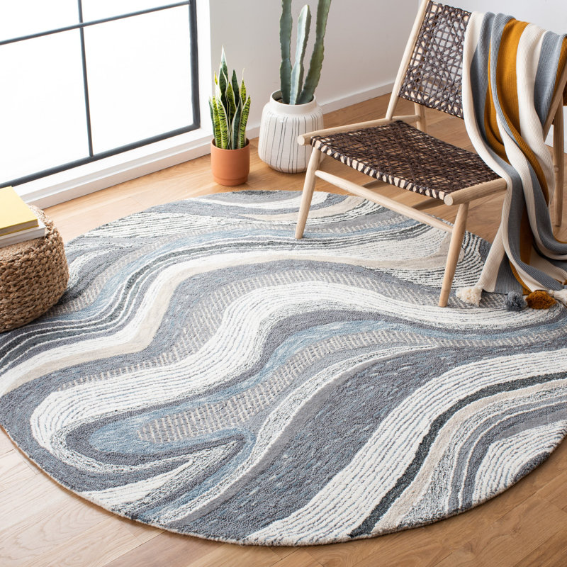 Tapis gris / ivoire en laine touffeté à la main à motif abstrait Albrey, Rond 6 pi