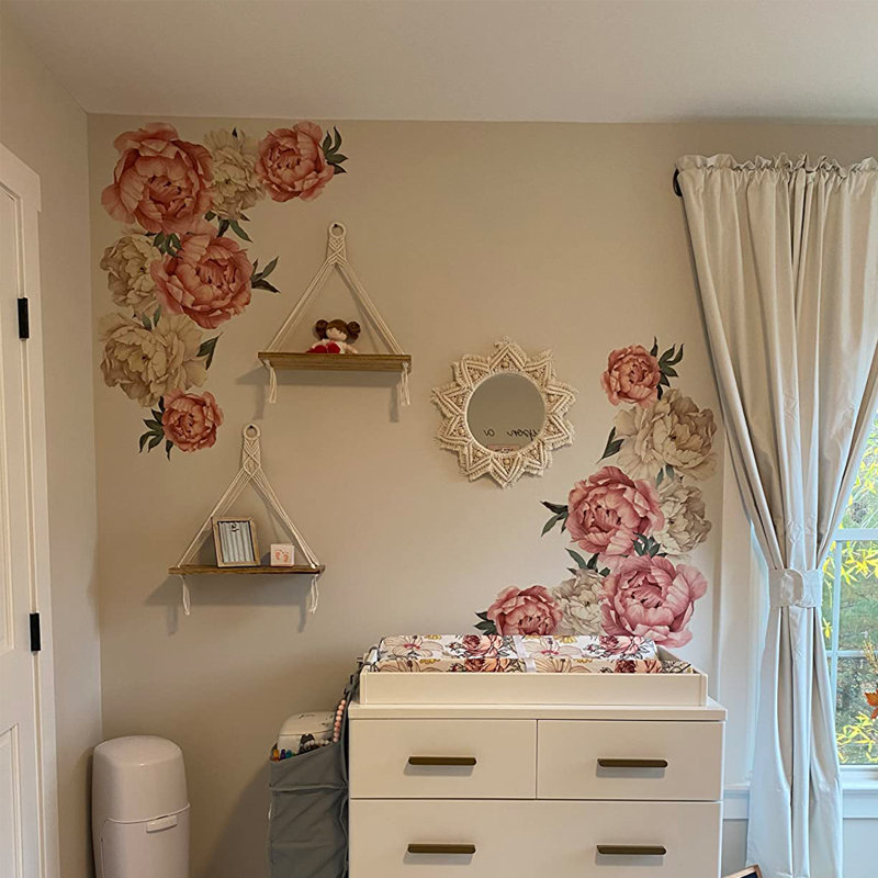 2Pcs pivoine rose fleurs autocollant mural, autocollants muraux amovibles pelez et collez pour canapé fond salon chambre cuisine chambre de bébé décorations